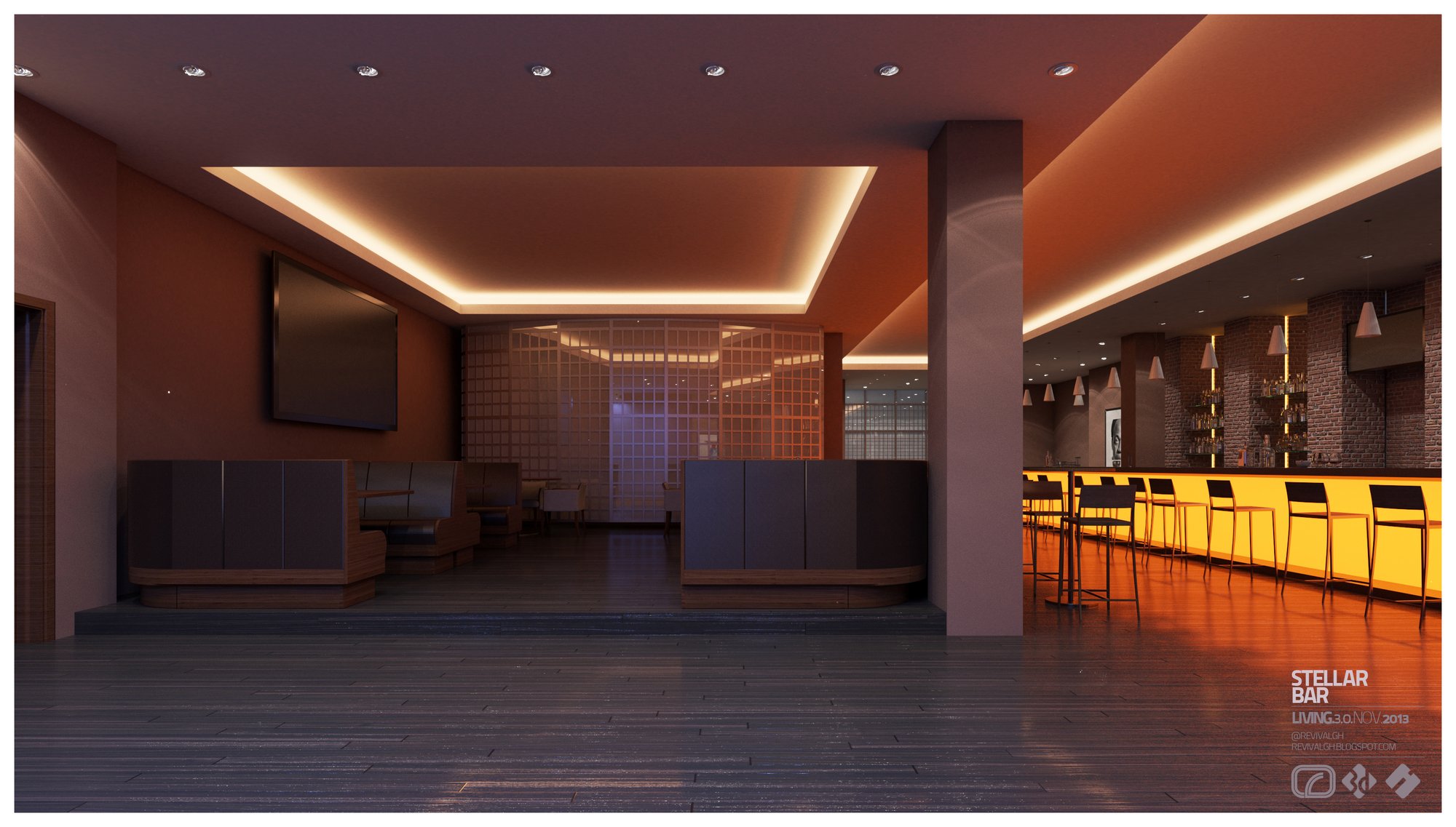 The bar room from the entrance side: a raised platform with low sofas and a wall-mounted screen at left, and the internally lit amber bar counter with its row of stools running along the right