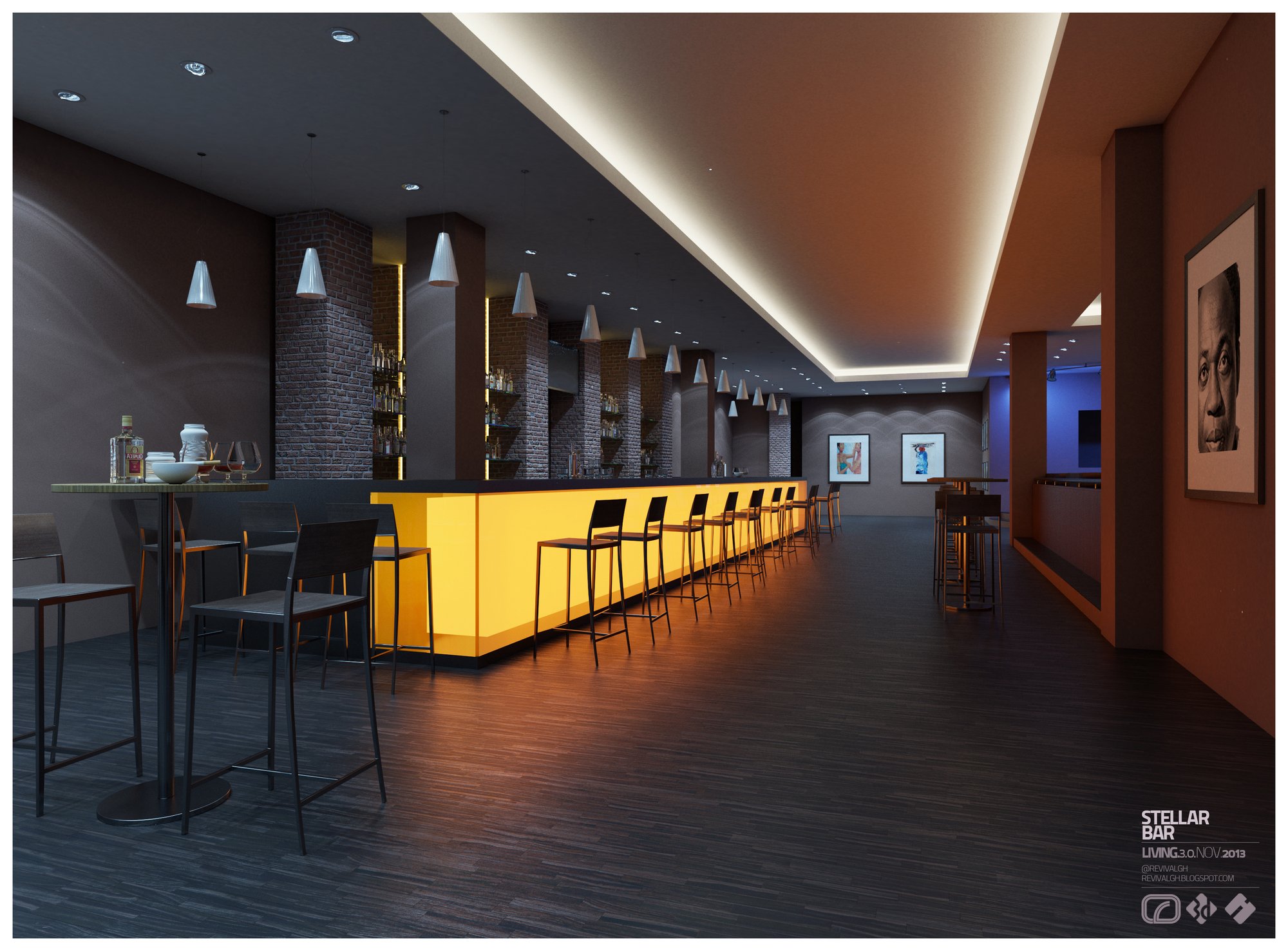 The full length of the illuminated bar counter with dark stools, brick piers, lit bottle shelving and a row of cone pendants beneath an angled ceiling cove, a high table and chairs in the foreground