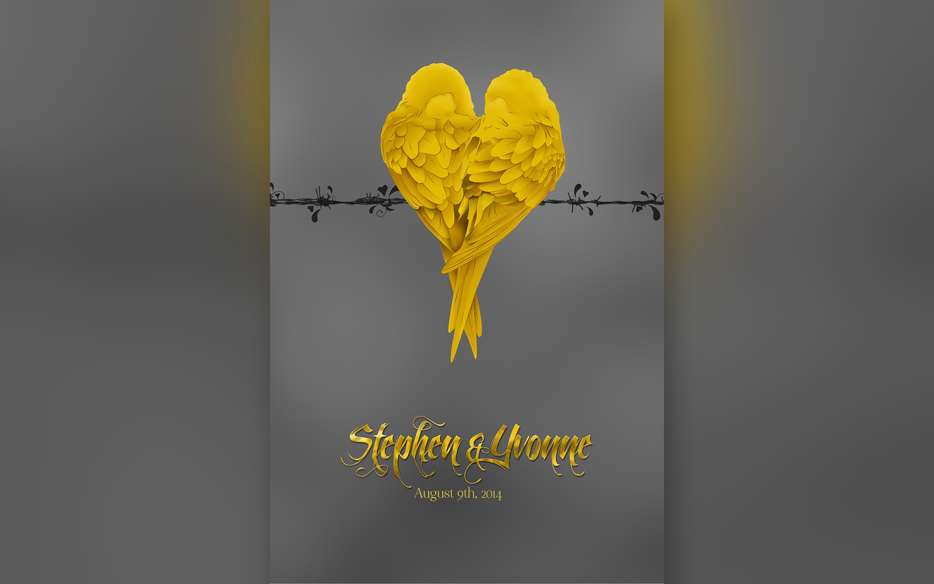 Stephen + Yvonne — two gold lovebirds seen from behind, their wings meeting as a heart, perched on black thorned wire above a gold script name