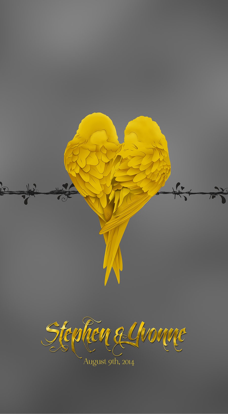 Cover panel: gold lovebirds forming a heart on thorned wire, with the names in gold script and the date below