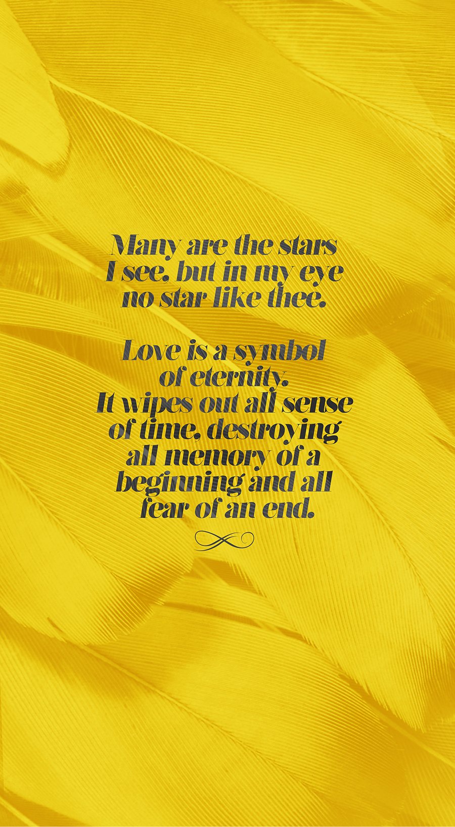 Verse panel: two passages in dark grey italic set over a macro of overlapping gold feathers