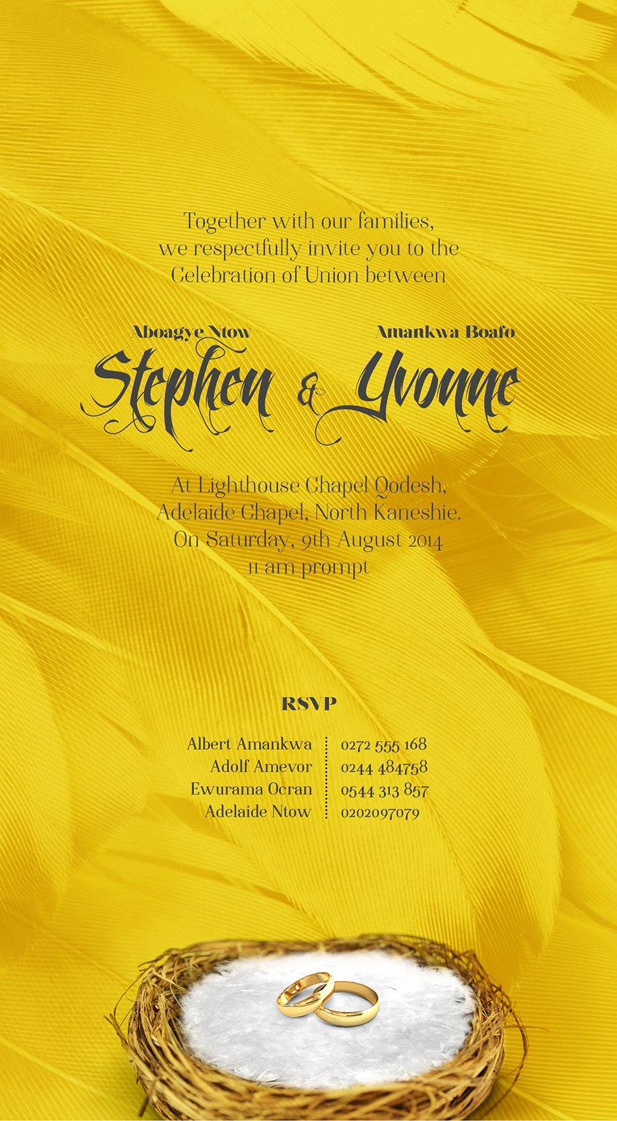 Invitation panel: the names in calligraphic script over a feather ground, with venue, RSVP list and two gold bands in a down-lined nest