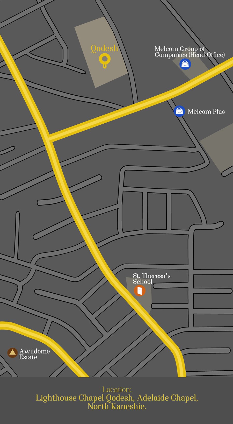 Location card: a flat grey street map of North Kaneshie with the roads picked out in gold and the chapel address along the foot