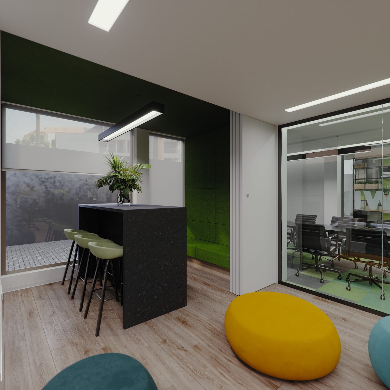 Swipe - The lounge corner in daylight: a black counter and stools against a lime wall, yellow and teal floor cushions on pale plank flooring, and a glazed meeting room looking through to the desks beyond.