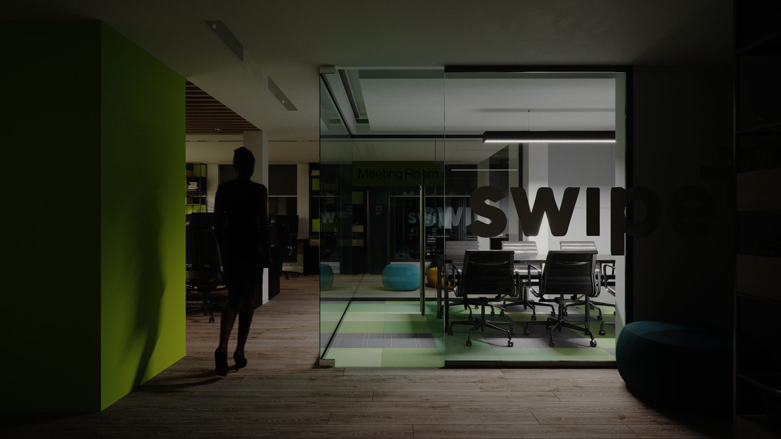 Swipe - After dark, the meeting-room glass carries the backlit swipe logotype while a figure crosses the office behind it, the interior reduced to green panels and pools of light.