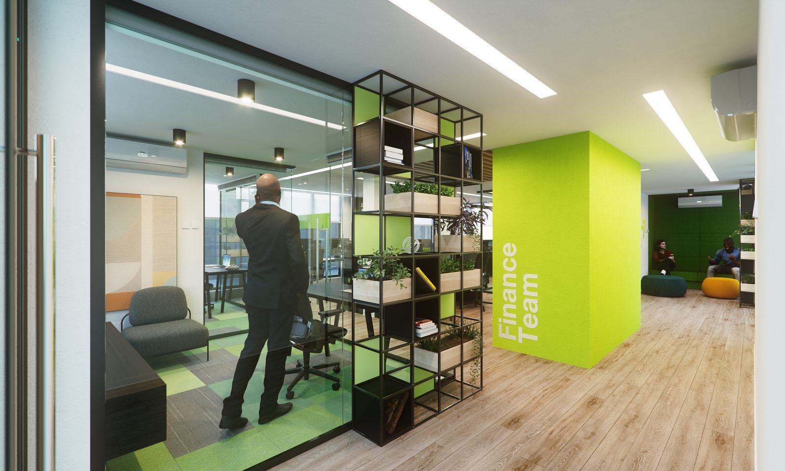Swipe - Reception and the Finance Team wall in its brighter grade, where the lime wall, the green carpet tiles and the planting read cleanly and a man in a dark suit walks past the glass.