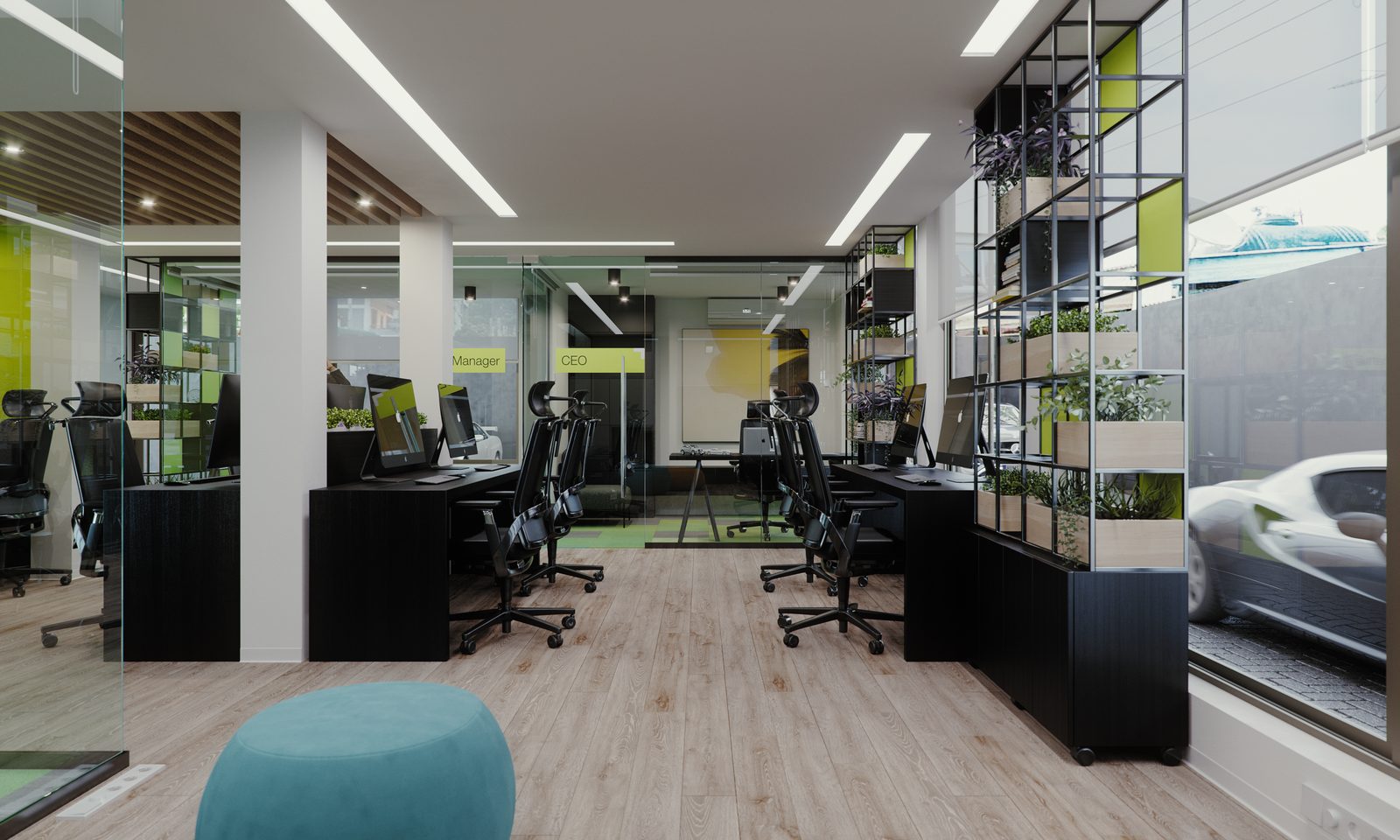 Swipe's open-plan office: black desks and mesh chairs under a slatted timber ceiling band, glazed meeting rooms on the left and the lime-green brand wall at the far end.