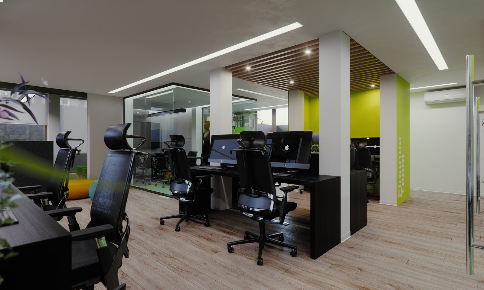 Swipe - Looking back along the same open-plan run, with the branded glass wall now on the right, workstations receding to a bright window, and a low teal pouf in the foreground.
