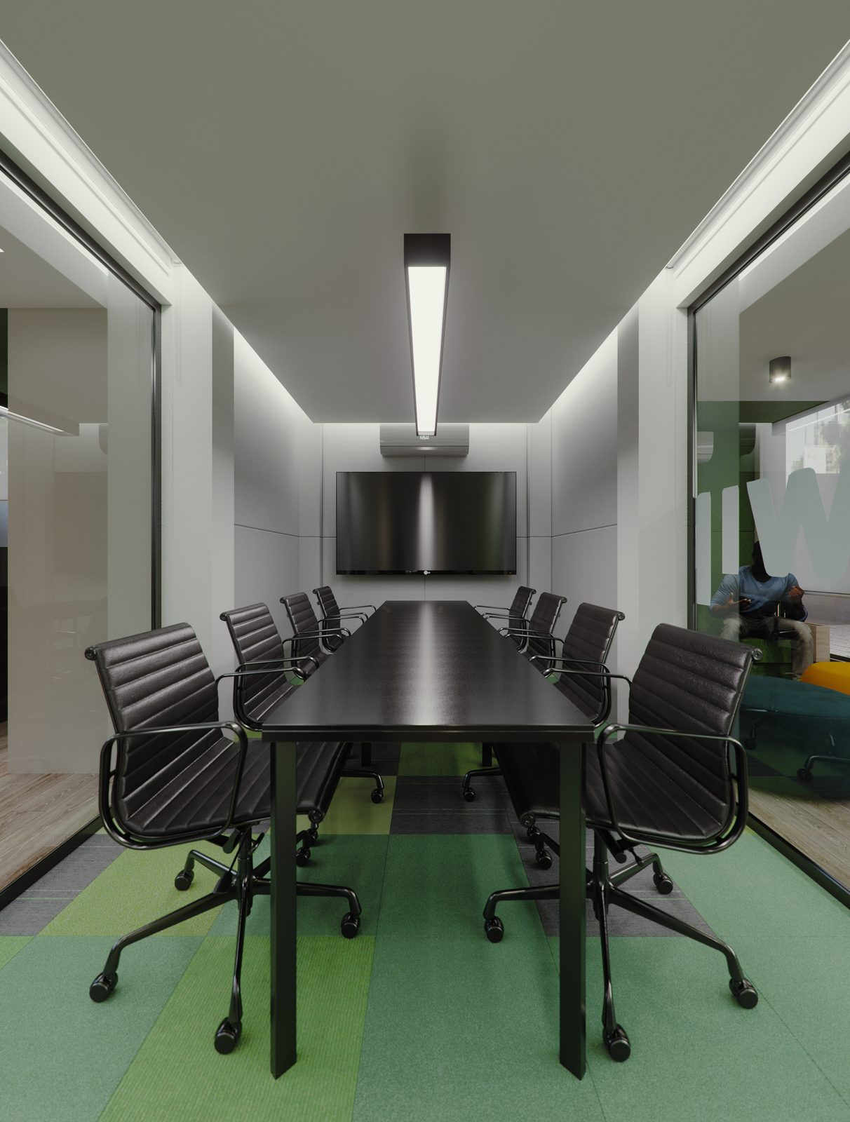 Swipe - The boardroom: a long black conference table with eight chairs on a green carpet strip, a wall-mounted screen at the head, glazed walls either side and a single linear pendant running the length of the ceiling.