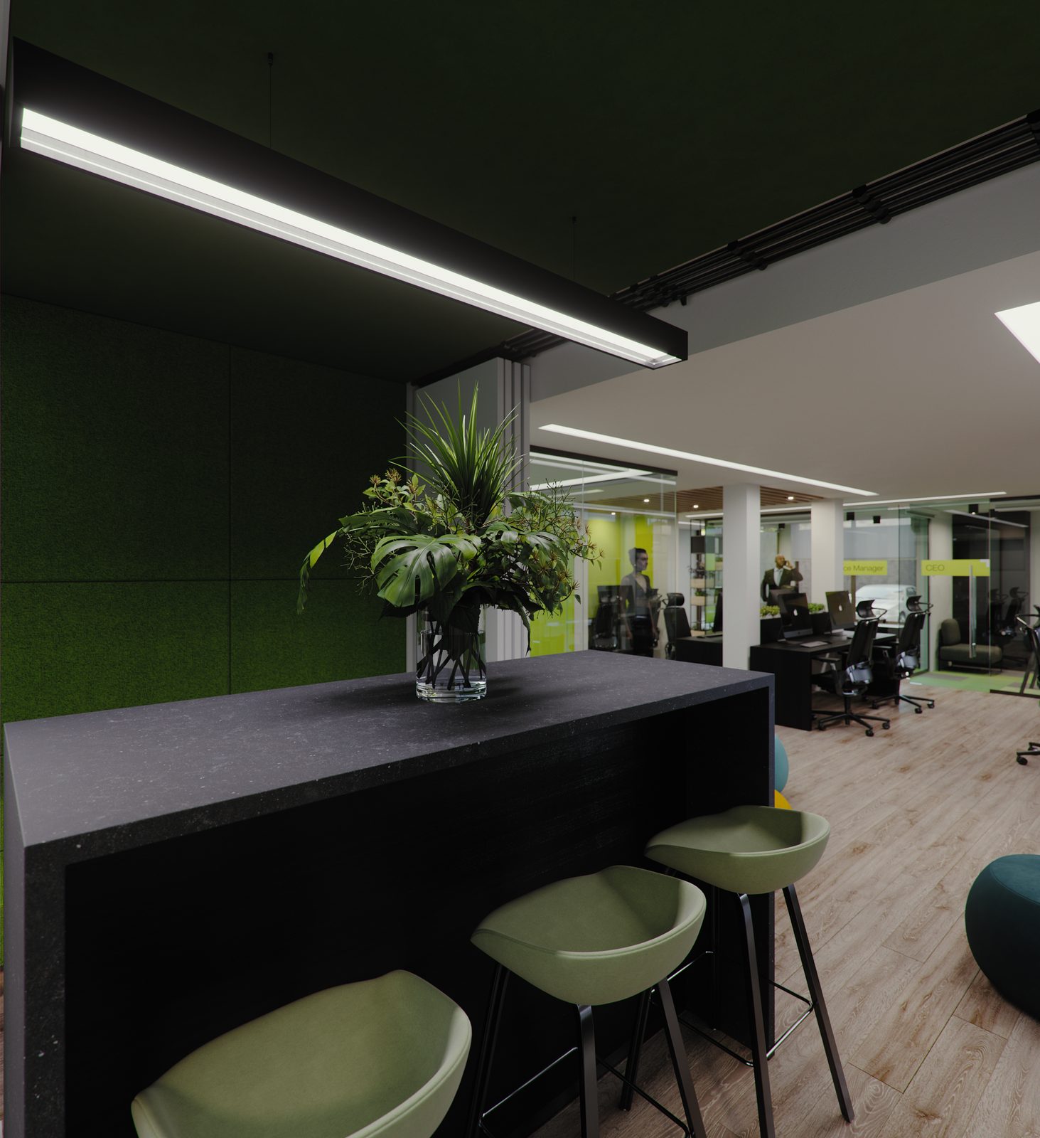 Swipe - The breakout counter in its evening grade, a black stone-topped bar with two pale stools in front of a deep green wall, a plant on the counter and the office glowing beyond.