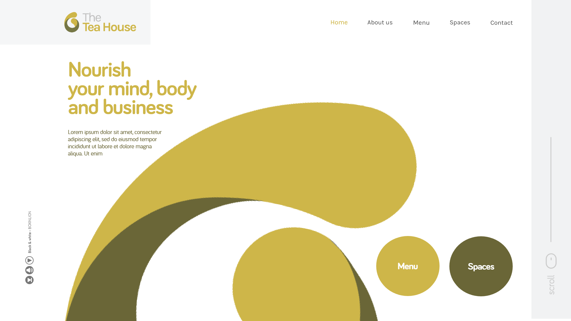 The Tea House - The homepage artboard: the two-tone leaf mark and The Tea House wordmark at top left, the headline Nourish your mind, body and business in ochre, and two overlapping organic olive-and-gold shapes sweeping down the fold past circular Menu and Spaces buttons.