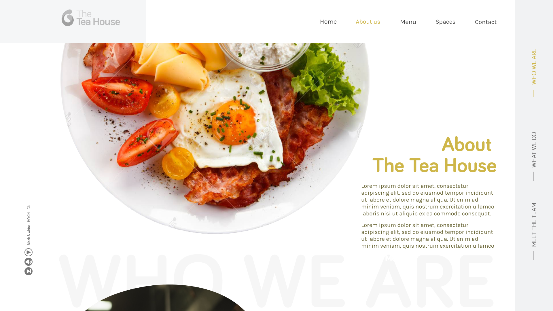The Tea House - The About section, built around an overhead photograph of a full breakfast plate of eggs, roasted tomatoes and bacon, with the About The Tea House heading set in ochre to its right on a pale ground.