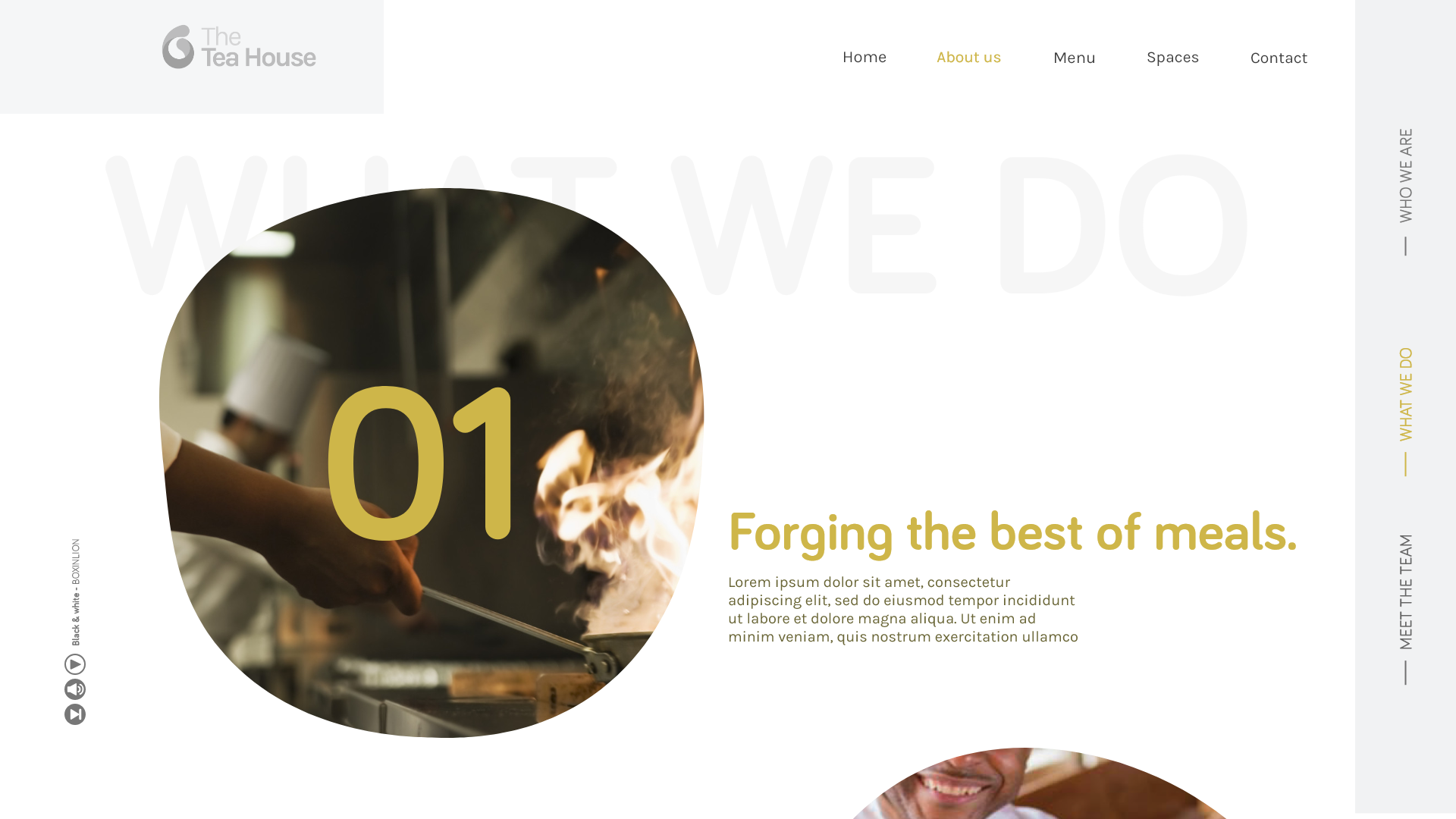 The Tea House - What We Do opening on 01, Forging the best meals, pairing the ochre heading with a circular crop of a chef tossing a flaming wok against the full-bleed ghosted section title.