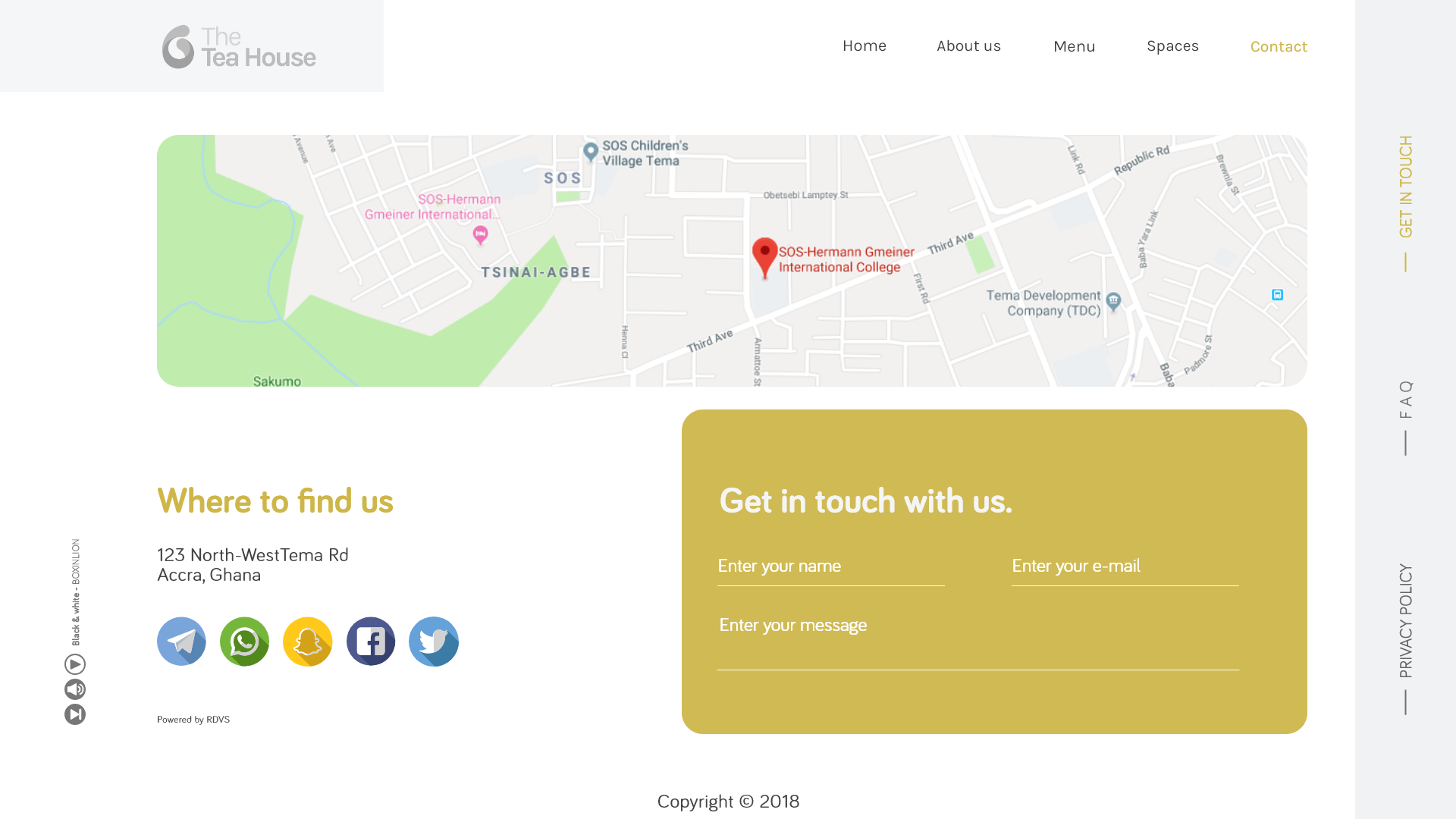 The Tea House - The contact artboard: an embedded map pinned at the venue's Airport Residential address under Where to find us, beside an ochre Get in touch with us card holding name, email and message fields above a row of social icons.