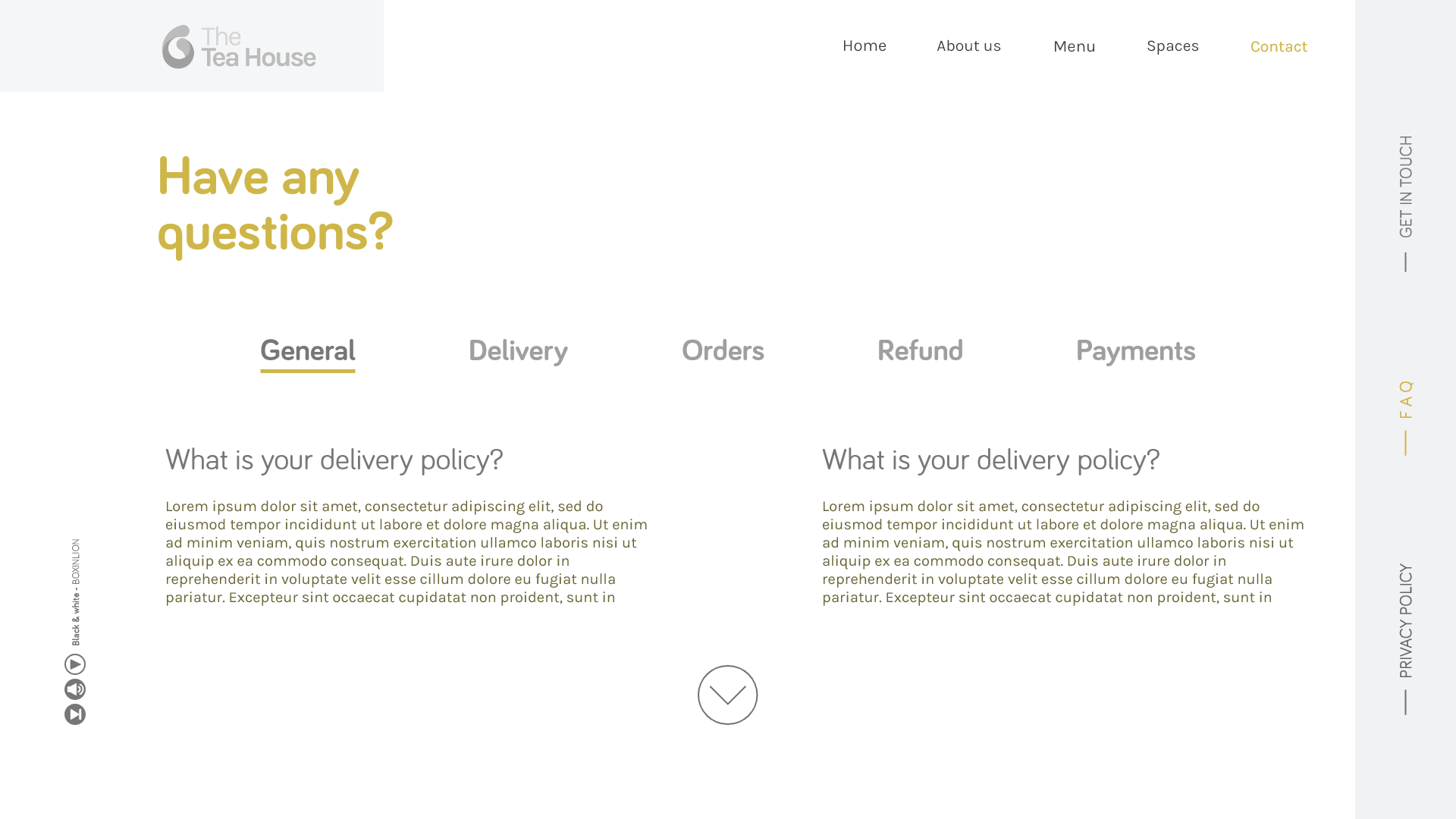 The Tea House - The help screen, Have any questions?, with General, Delivery, Orders, Refund and Payments tabs above two columns of expandable policy questions.