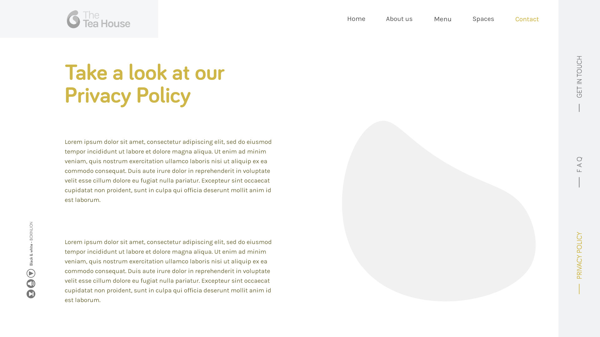 The Tea House - The privacy policy page, headed Take a look at our Privacy Policy in ochre, with body copy set in two measures and a pale organic shape bleeding in from the right edge.