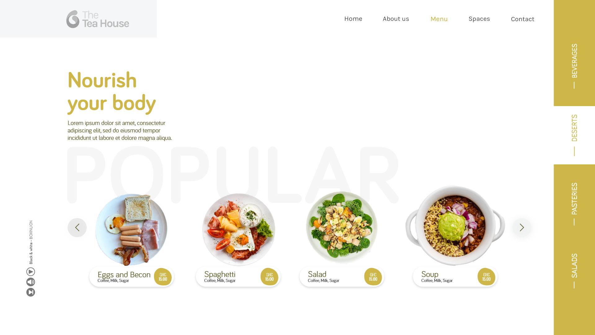 The Tea House - The Nourish your body menu section under a ghosted POPULAR title, showing four circular dish thumbnails with their prices set beneath.