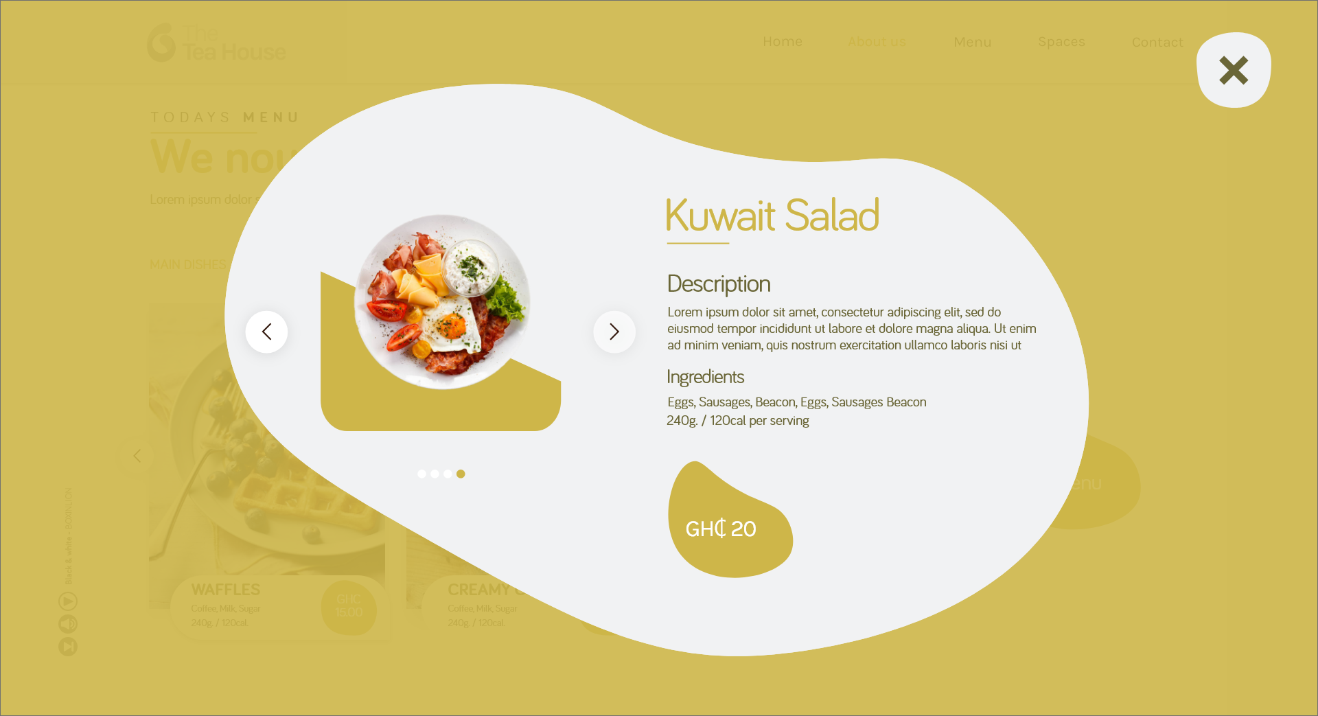The Tea House - A menu detail modal for the Kuwait Salad: an ochre overlay with a circular dish photograph, Description and Ingredients blocks and a GHC 20 price chip, dismissed by a small round close control.