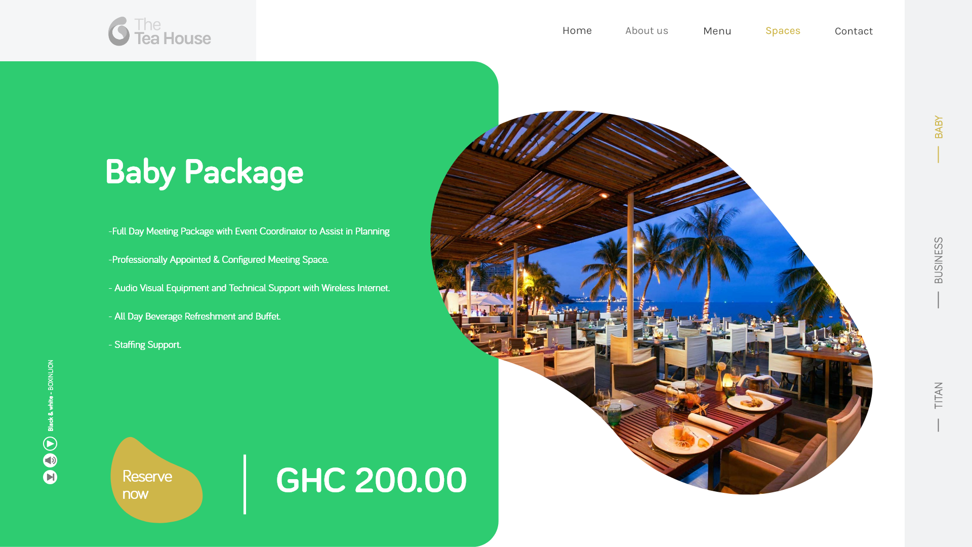 The Tea House - The Baby Package card in bright green with a Book a Package control and the GHC 200.00 price, its inclusions listed beside a circular photograph of the lit terrace at dusk.