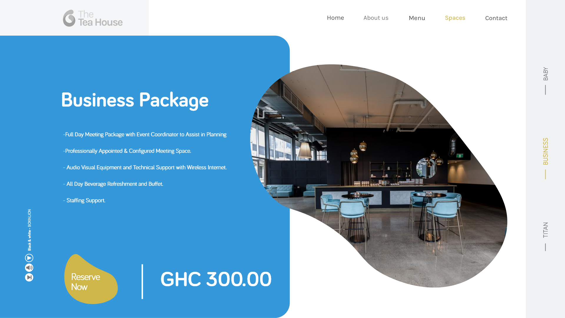 The Tea House - The Business Package card in blue at GHC 300.00, showing the meeting room and its chairs in a circular crop with the package inclusions bulleted above.