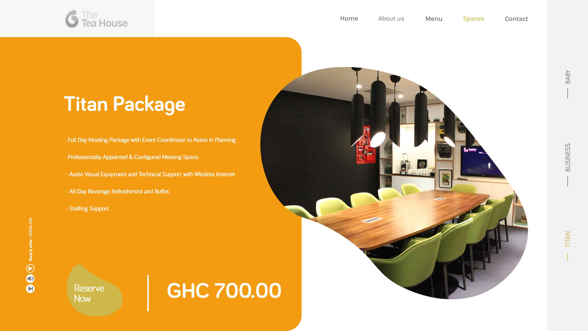 The Tea House - The Titan Package card in orange at GHC 700.00, the largest of the three, with a circular photograph of the long boardroom table and green chairs.