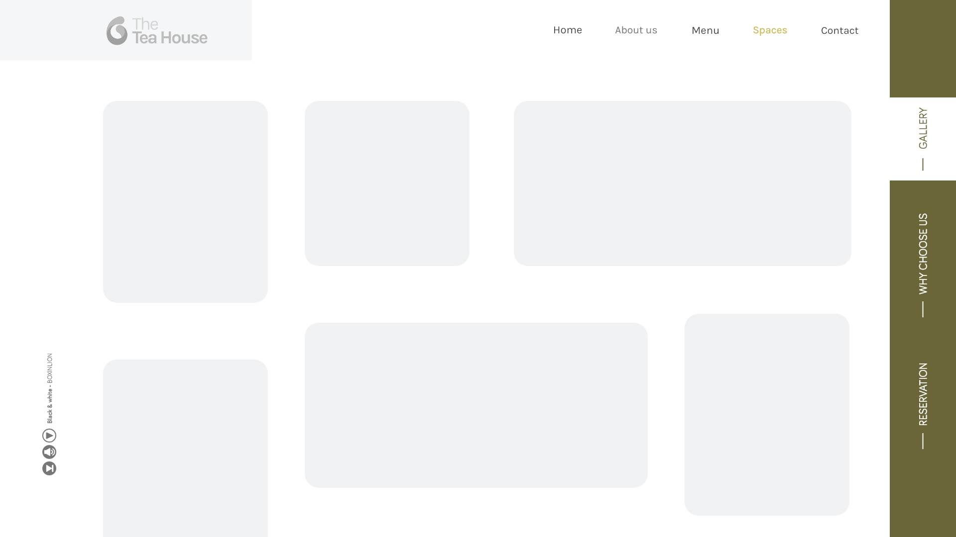 The Tea House - A layout skeleton for the spaces grid: six empty rounded placeholder panels on a white artboard, showing the card structure before imagery and copy were placed.