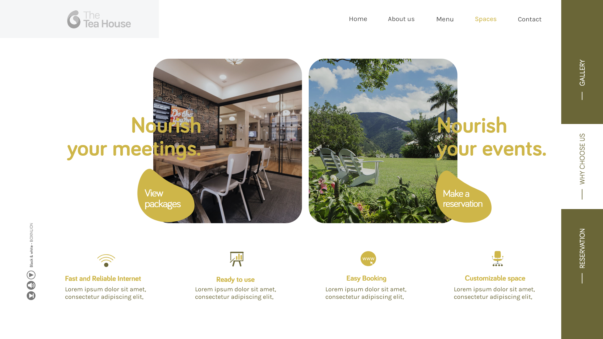 The Tea House - The meetings and events screen, Nourish your meetings and Nourish your events set over two photographs, the fitted interior on the left and the garden lawn with water beyond on the right, above a row of four feature icons.
