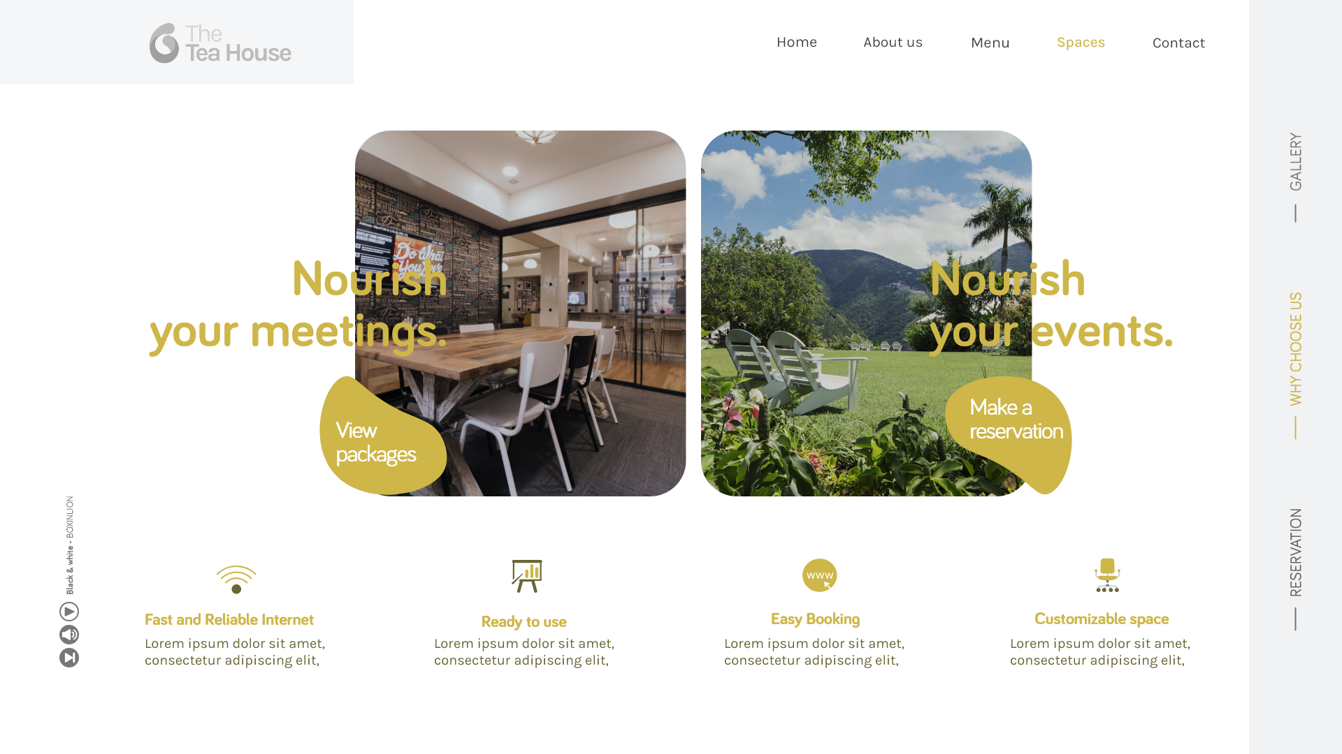 The Tea House - A second pass of the meetings and events screen with the two photo panels rebalanced and the feature row reading fast and reliable internet, ready to use, easy booking and comfortable space.