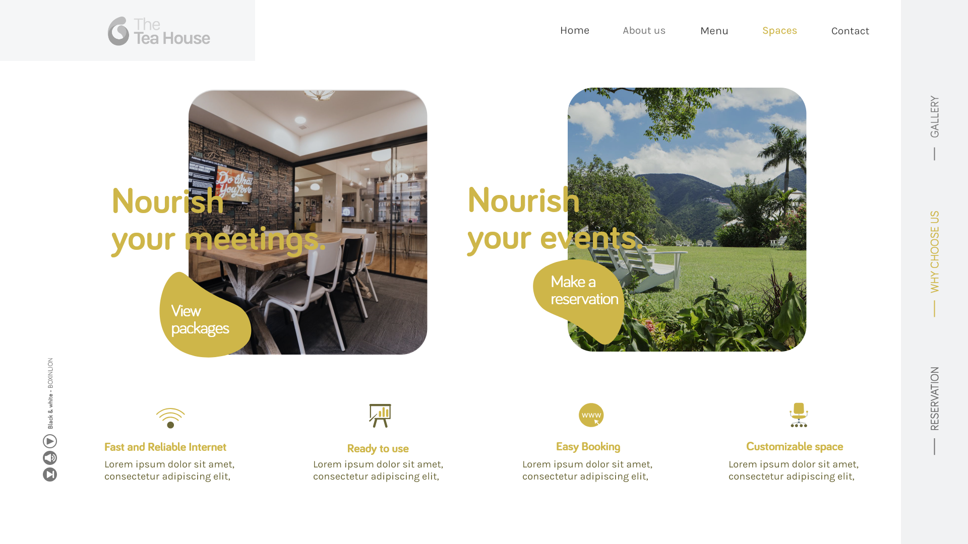 The Tea House - A third variant of the same pairing, tightening the captions and moving the View Packages and Make a Reservation controls into the lower thirds of each photograph.