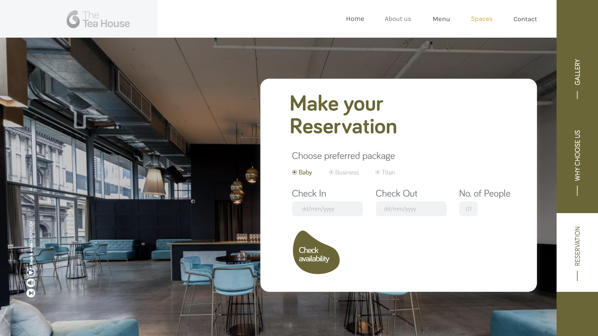 The Tea House - The reservation flow over a full-bleed interior photograph: a white Make your Reservation panel with choose package, date, check in, check out and number of people fields above a dark pill-shaped confirm control.