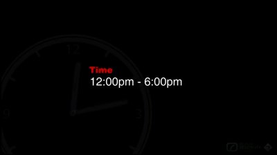Video still on black: a dim clock face at the left edge, the word Time in small red capitals above white text reading 12:00pm &mdash; 6:00pm, and a faint studio mark at the lower right.