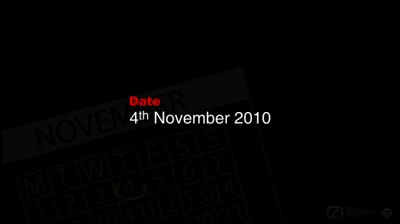 Video still on black: a barely lit November calendar page with its weekday grid at the left, the word Date in red capitals and 4th November 2010 in white, studio mark at lower right.
