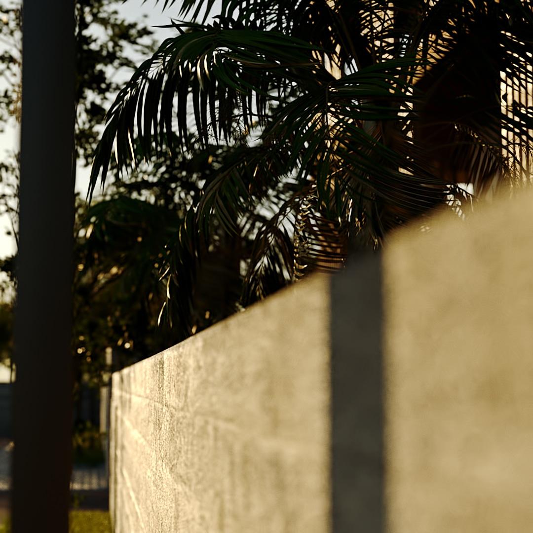 The Address boundary wall in late afternoon: a pale board-formed concrete screen running diagonally past a dark steel post at the left, with backlit palm fronds and trees rising above it
