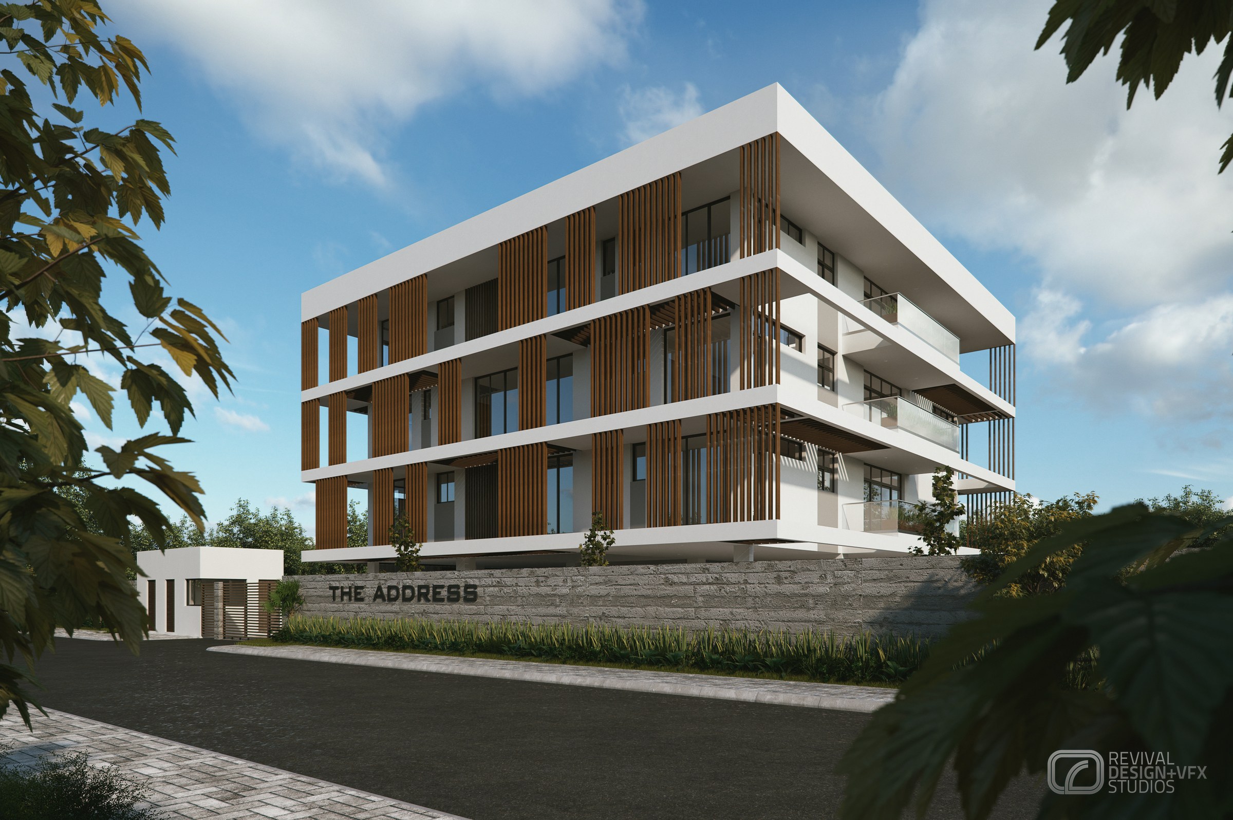 Street elevation visualization of a four-storey apartment block: white concrete frames with balconies screened by vertical timber fins, a grey stone plinth wall carrying the lettering THE ADDRESS, palms and frangipani in the foreground, blue sky.