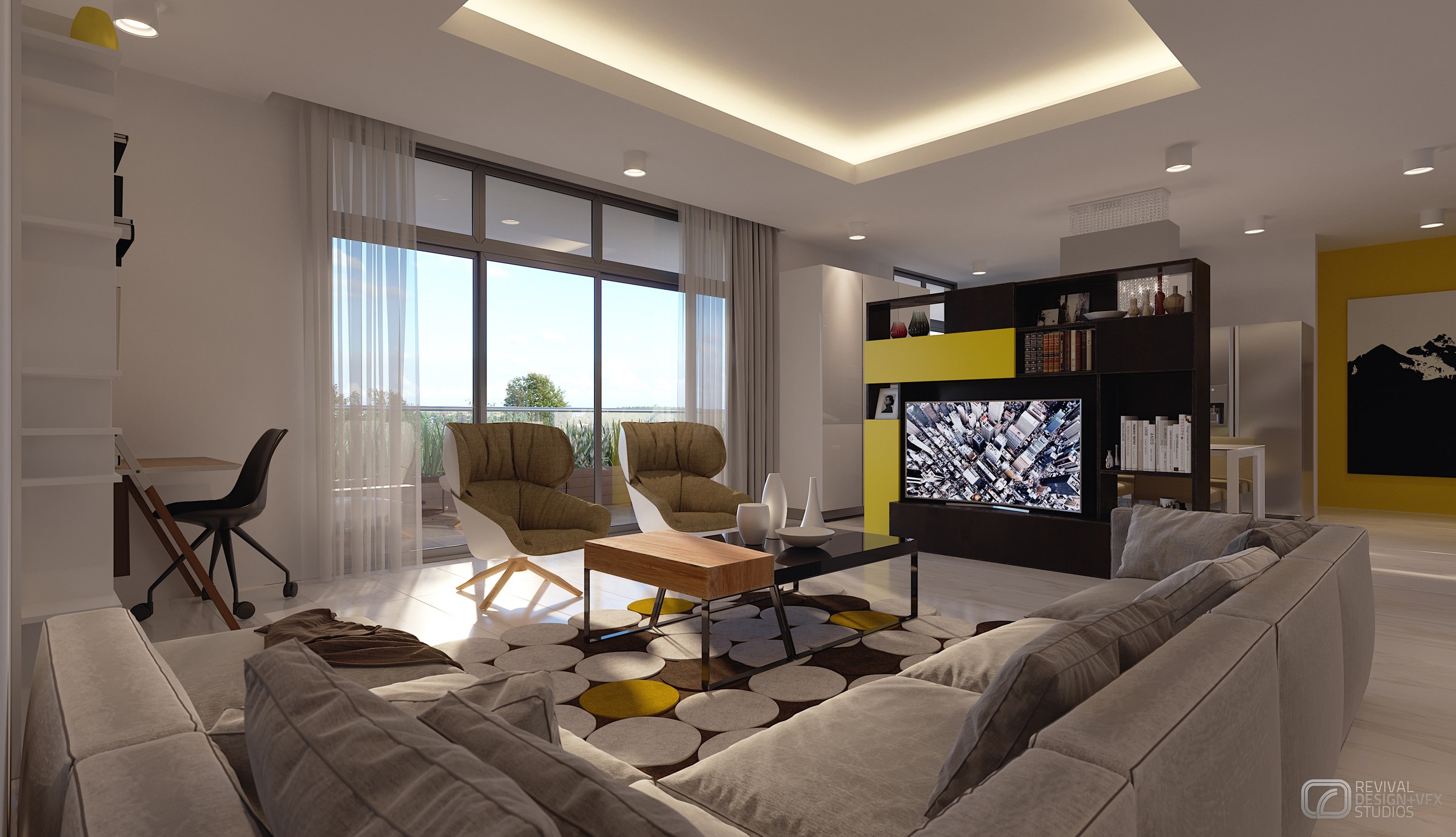 Living room visualization inside a unit: grey sofas around hexagonal nesting tables on a patterned rug, two tan leather armchairs at a full-height window, a black media wall with screen and yellow shelving, and a lit ceiling recess.