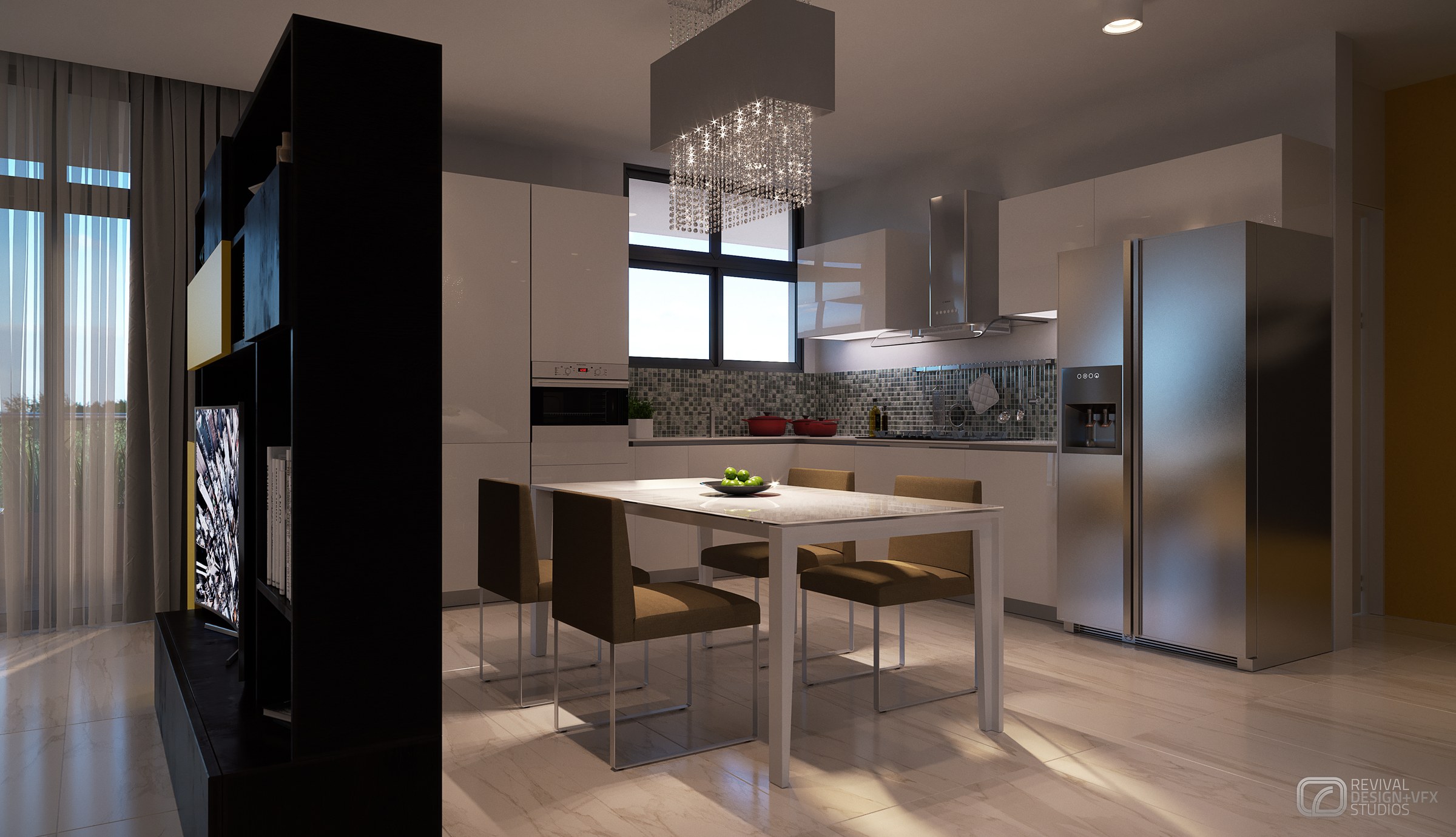 Dining and kitchen visualization seen past the black room divider: a white table with four brown leather chairs under a crystal chandelier, white gloss cabinets with a mosaic splashback beyond, a stainless fridge and a yellow wall at the far end.