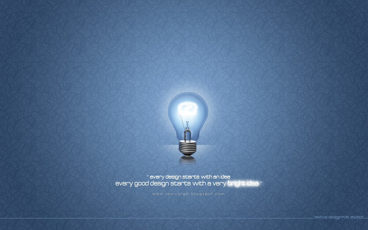 A desktop wallpaper of a single lit filament bulb standing at the centre of a blue field whose whole surface is a fine cracked-ice texture, lighter around the bulb where its own glow washes the colour out to near-white and deepening towards the corners. The bulb is drawn clear-glass with a white spiral of light for a filament and a silver screw cap, and it sits on a small reflective patch. Beneath it, in white lowercase of the same squarish face, two lines read every design starts with an idea and every good design starts with a very bright idea, with the words bright idea set glowing brighter than the rest, and below those the address www.revivalgh.blogspot.com widely letter-spaced. A thin ground line runs the full width near the foot of the frame carrying revival design+vfx studios at the right.