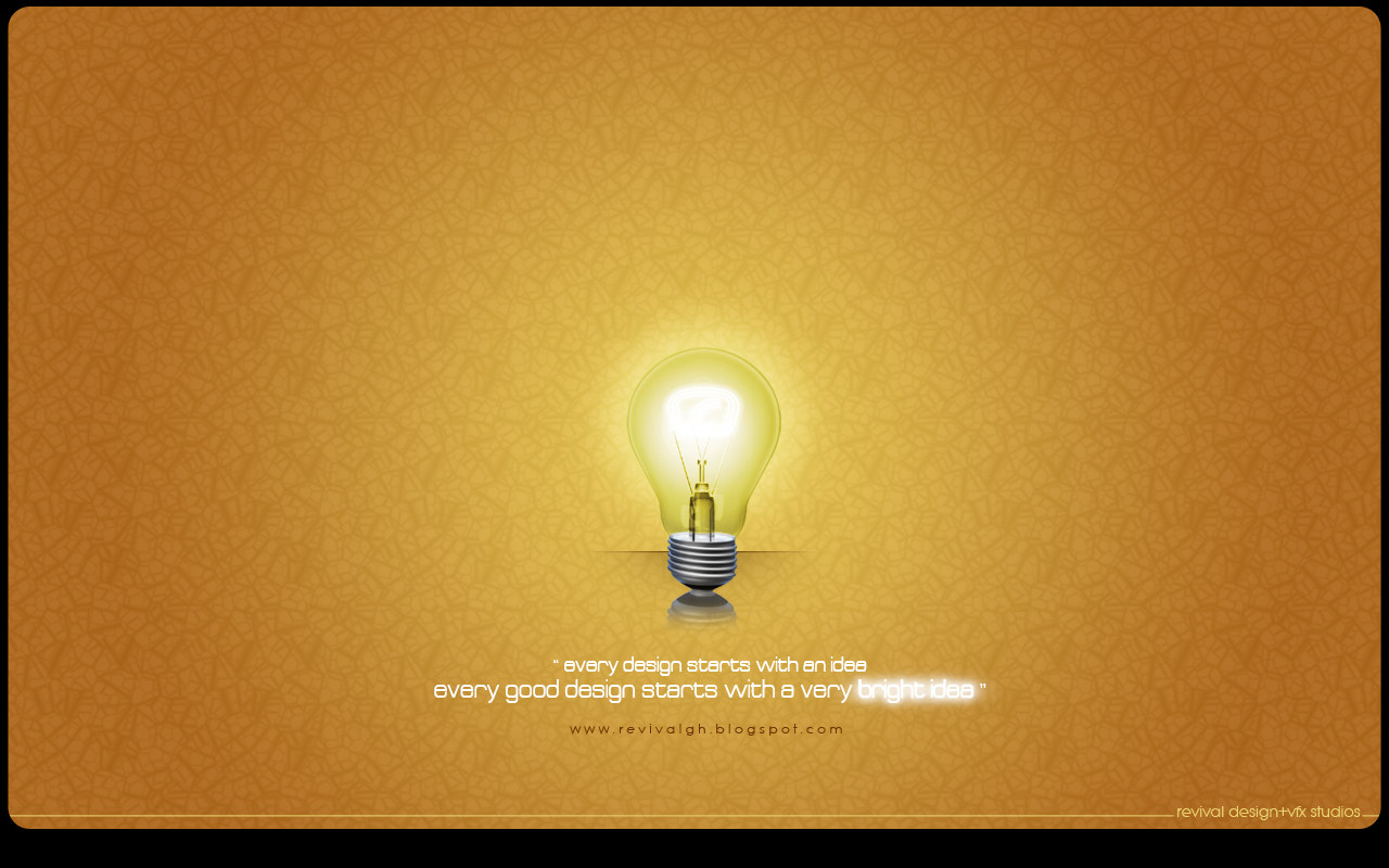 The same wallpaper as the blue version -- the identical lit bulb, halo, two-line strapline and letter-spaced address -- set instead on a gold and ochre field with the same fine cracked texture, and this time the whole composition is enclosed by a black rounded frame that leaves black margins at the edges of the file.