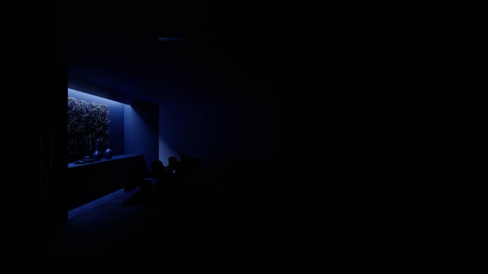 The Fitzgerald boardroom at its darkest: the frame almost wholly black, only the blue-lit twig niche and its row of vases at the left edge holding any light.