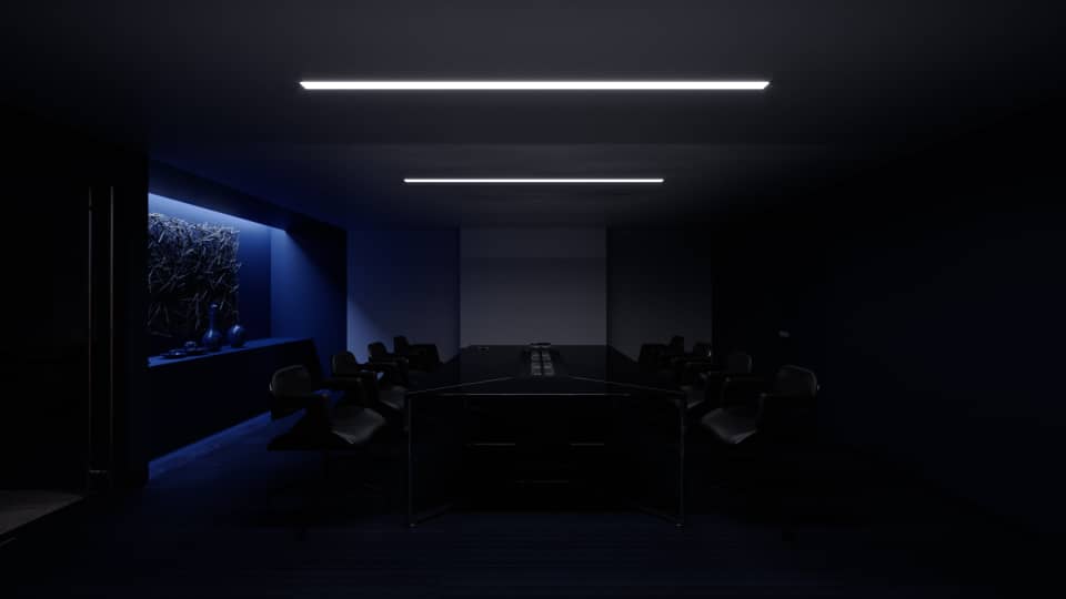 The Fitzgerald boardroom with two linear ceiling lights running the length of the room, the long dark table and its chairs flanking a blank projection screen, the twig niche glowing blue at left.