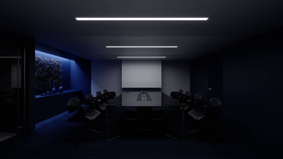 The Fitzgerald boardroom fully set: three ceiling lights recede toward a bright projection screen above a tapered conference table with a central cable trough, black chairs on either side and the blue-lit sculpture niche at left.
