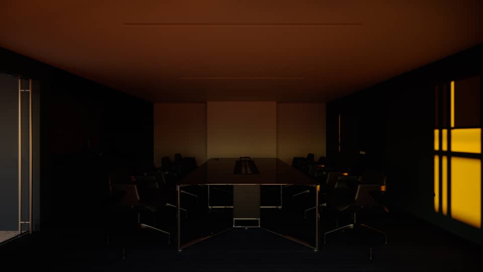 The Fitzgerald boardroom in its warm scene: amber light washing the ceiling and a glazed doorway at right, the table and chairs reduced to silhouettes against a pale screen.