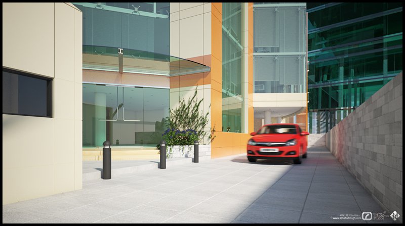 An eye-level render of the building&rsquo;s entrance court: a full-height glazed lobby on the left shaded by a curved glass canopy on slim posts, set between a cream panelled wall with a single dark horizontal window slot and a run of orange structural fins; behind it a teal-green curtain wall rises through several floors, its slab edges visible through the glass. Pale paving, black bollards and planters of shrub and blue flower fill the foreground, a low stone wall closes the right, and a red hatchback drives toward the camera down the ramp.