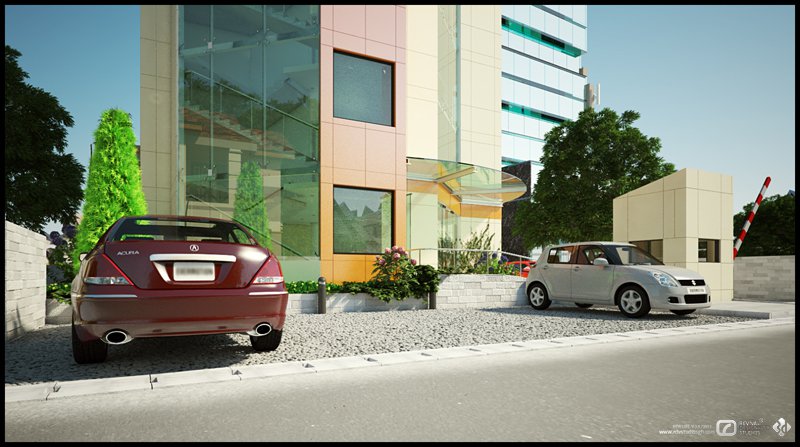 A street-level render of the parking approach: a maroon saloon backed onto a gravel forecourt at the left and a silver hatchback parked at the right, with the building rising behind them &mdash; a glazed stair visible through the curtain wall, cream and orange panels, and a curved glass canopy over a recessed entrance. Clipped conifers and hedging soften a block wall at left, a boom barrier stands at the right, and the road runs across the foot of the frame.