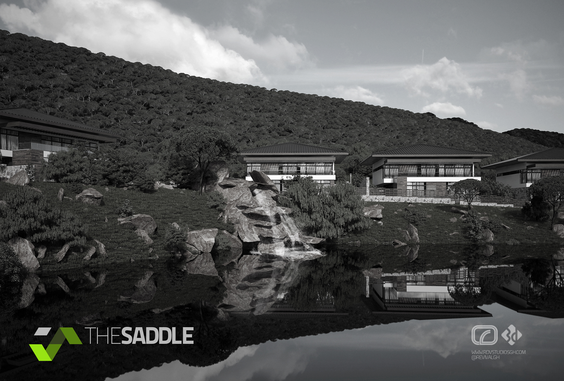 The Saddle - hillside pavilions in monochrome: low houses and their reflections in a still pond below a wooded ridge