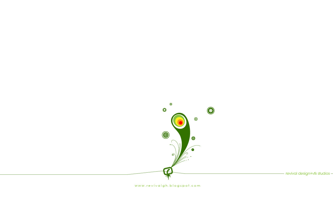 A desktop wallpaper that is almost entirely white: a 1280 by 800 field carrying one small drawing low at the centre, where a dark green seed outlined as a rounded square sits on a thin green ground line with its rootlets below the line and sends up a fan of hairline filaments and curls into a large dark green comma that leans and curls over at the head. Inside that head is a concentric target of white, light green, yellow, orange and a red centre, and green rings and dots of mixed sizes float loose around the form. The ground rule runs the full width of the field and breaks at the right to carry revival design+vfx studios set into the line in light green, and www.revivalgh.blogspot.com is letter-spaced below the line under the seed.