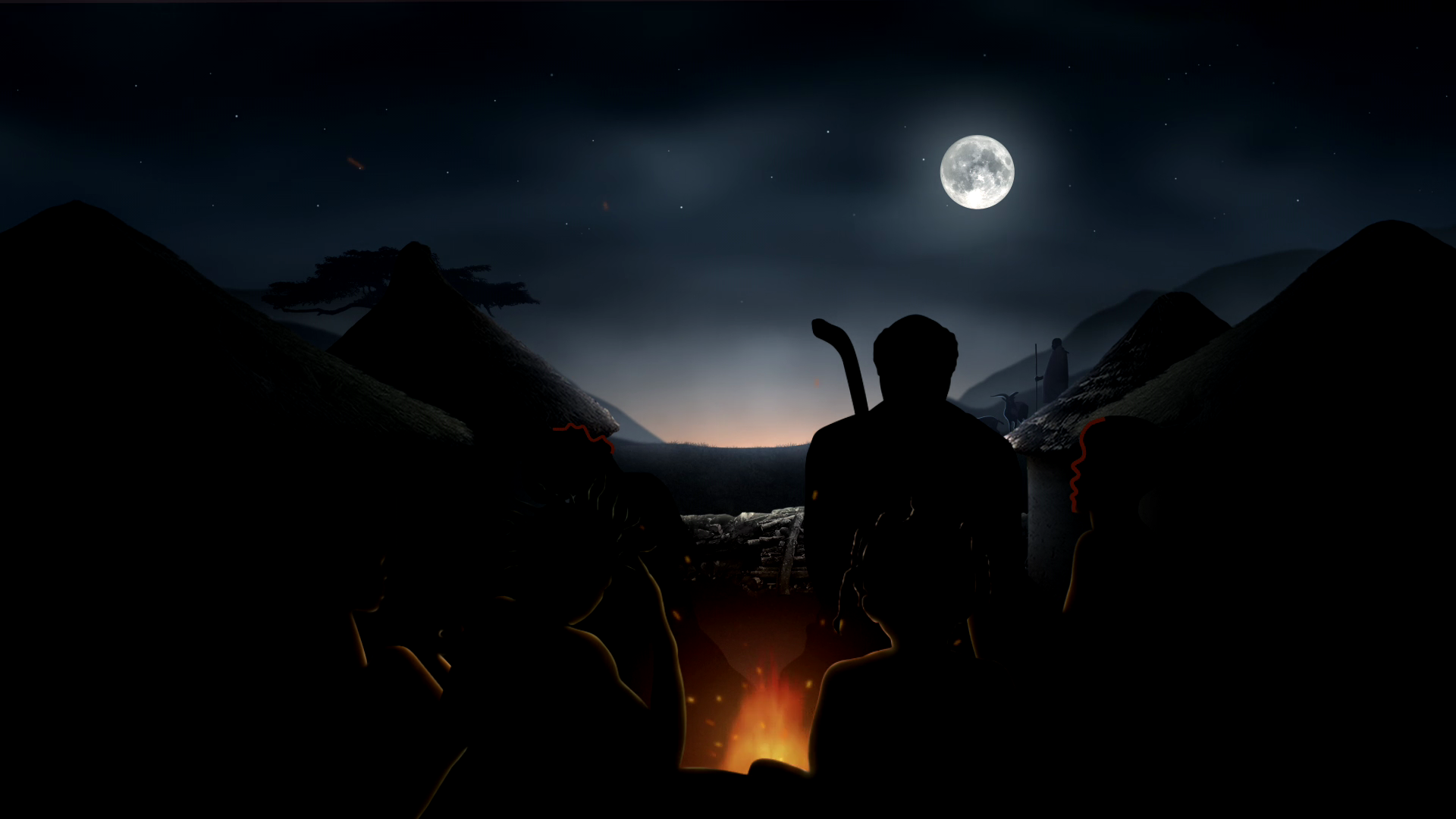 Moonlit Storyboard Frame 05 — Approaching moonlit settlement