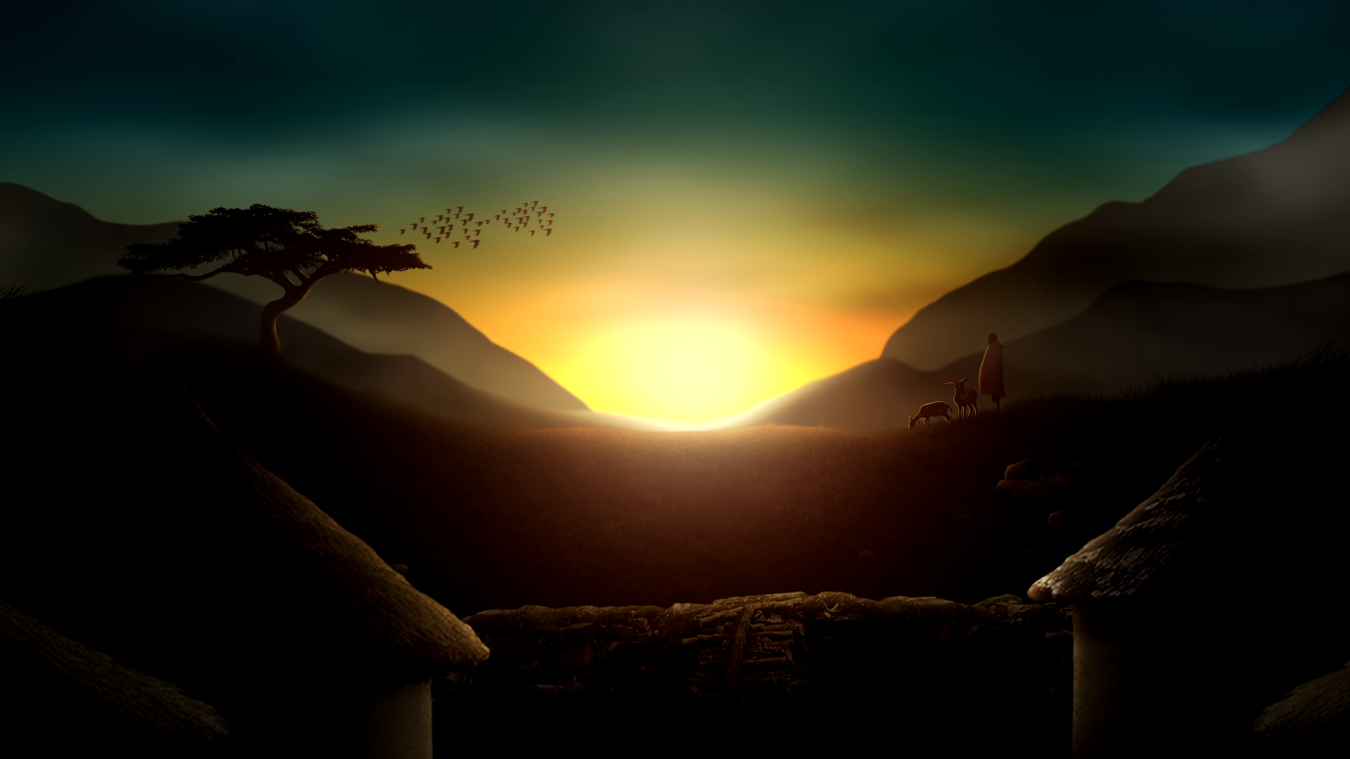 Sunset Storyboard Frame 03 — Countryside flight