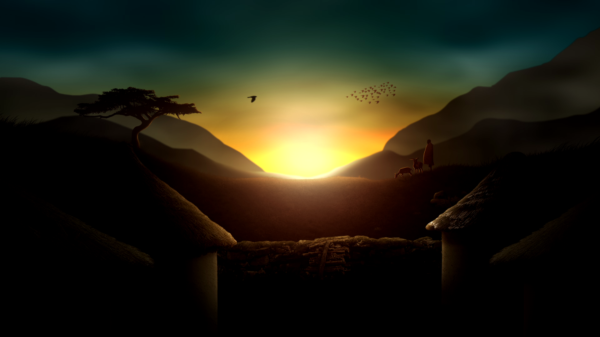 Sunset Storyboard Frame 04 — Grazing terrain