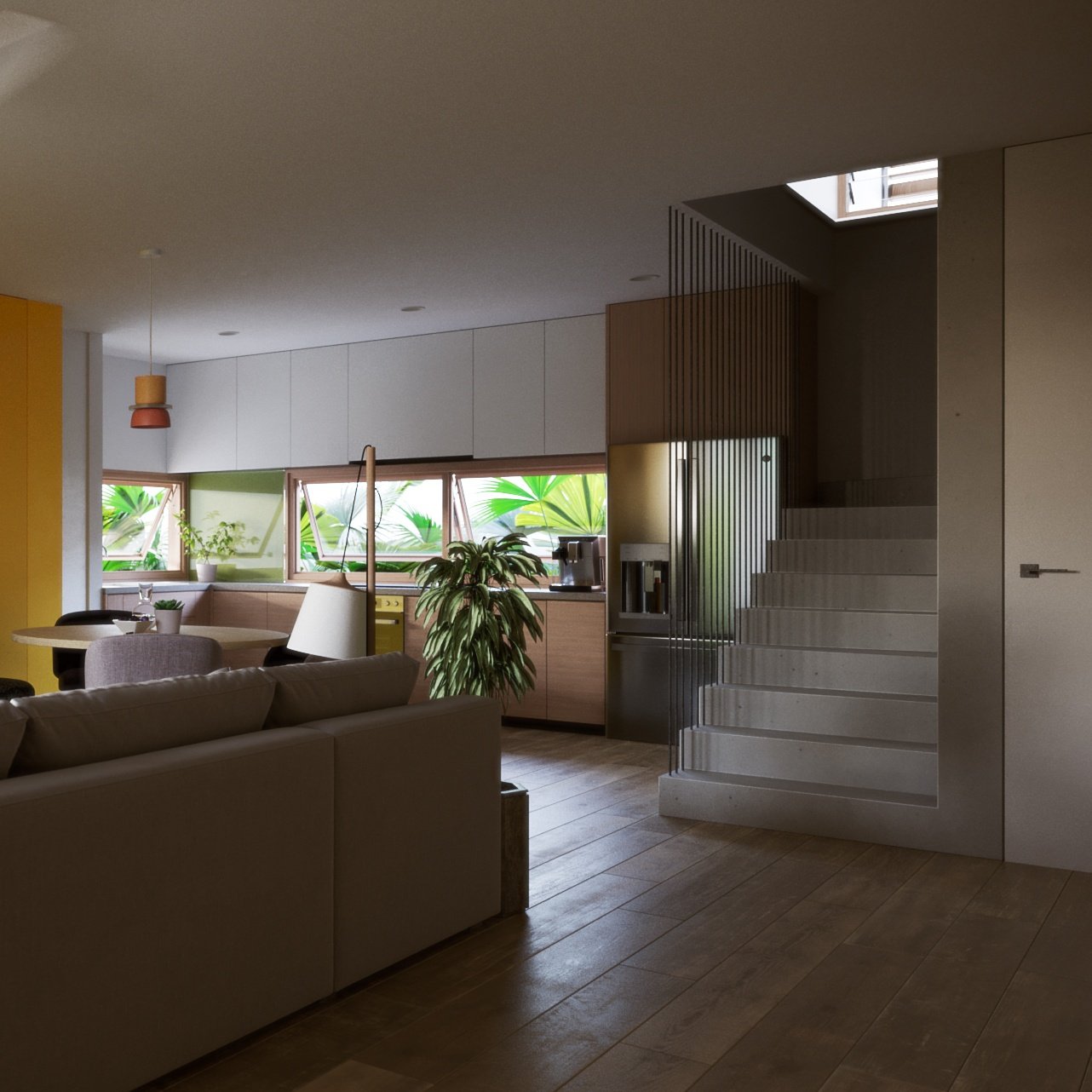 TTD concrete stairs and rod screen at the right, sofa back and dining table below, white kitchen cabinets and palms under a skylight.